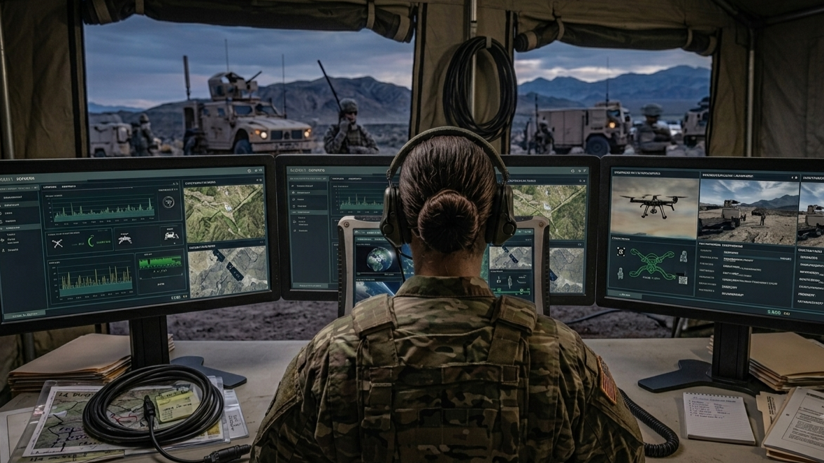 C2 command center near military ground vehicles