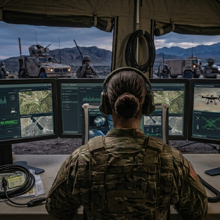 C2 command center near military ground vehicles